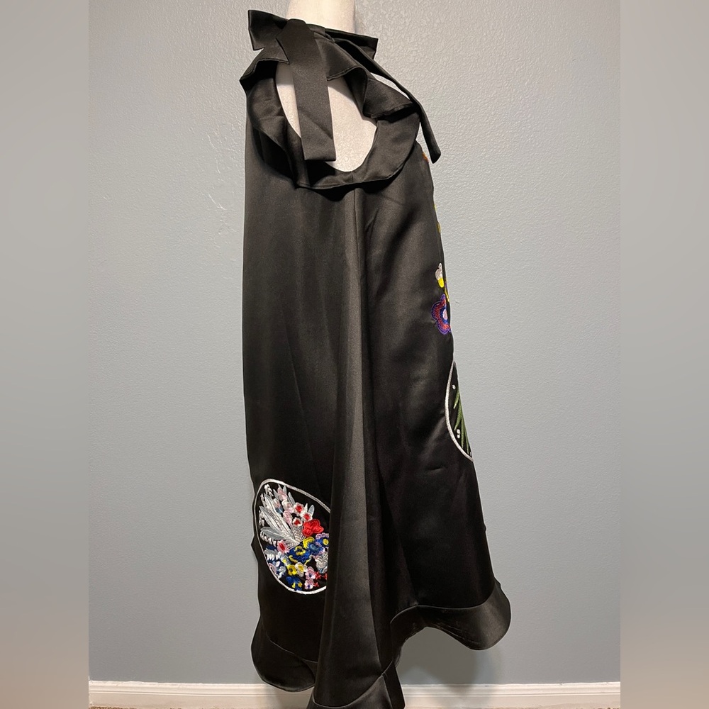 Black Embroidered Floral Dress Ruffle Sleeve Silk Blend Shift Artsy Boho XL - Picture 2 of 9